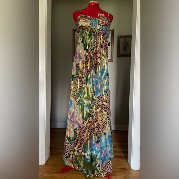 VTG Oleg Cassini NWT Leopard Floral Metallic Empire Waist Maxi Sundress - Picture 10 of 16